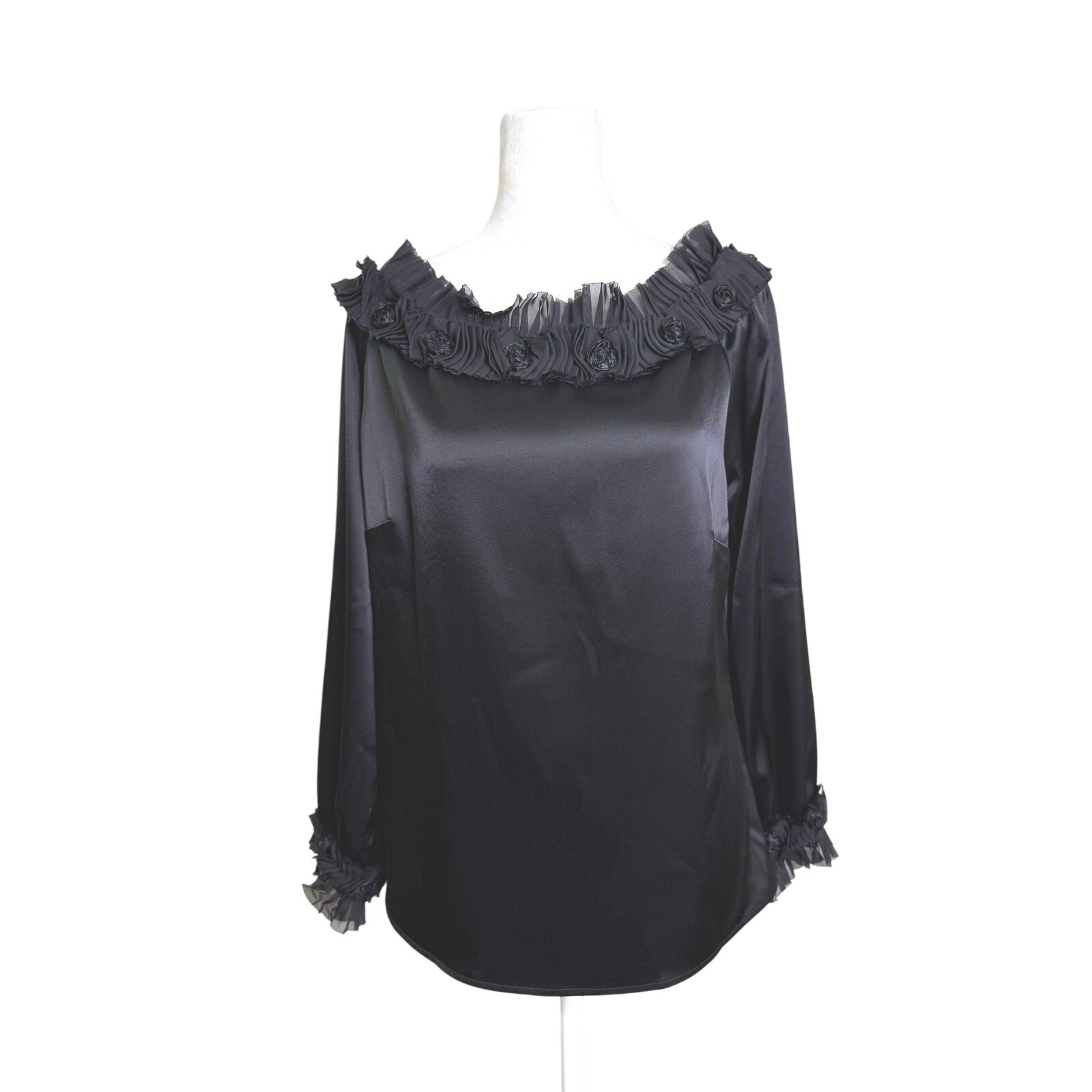 St. John Black Satin Triacetate Blouse Rosette Pleated Trim Top S Elegant Chic